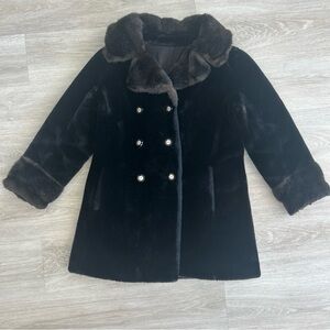 Vintage Borgazia Faux Fur Velvet Coat Women’s Large Black Brown Double Breasted